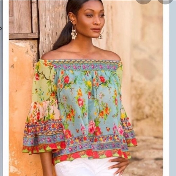 rubyyaya Tops - RubyYaYa Boho Botanical Floral Off Shoulder Blouse